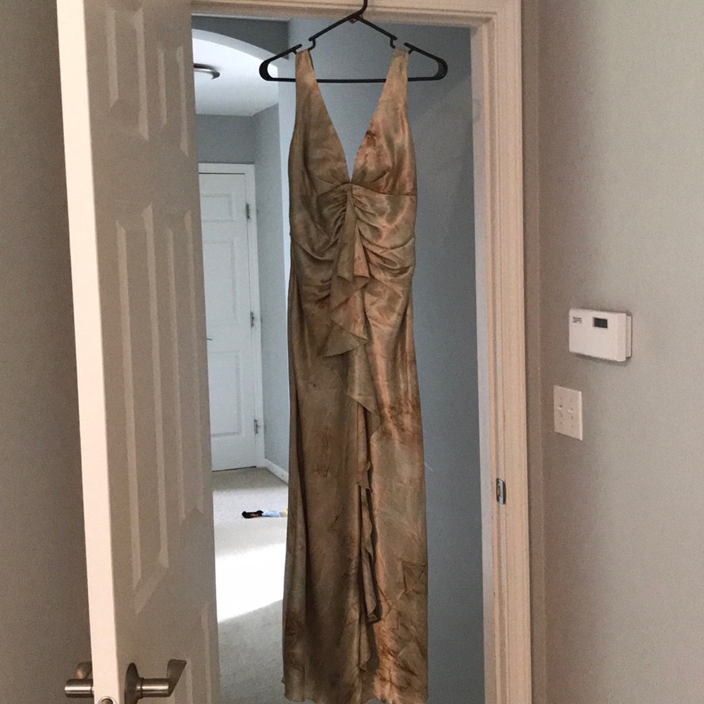 Green and brown silky maxi with ruched back. Prom dress